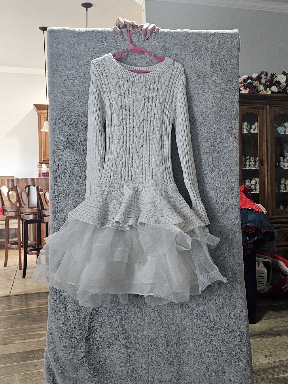 Bonnie Jean White Cable-Knit Sweater Dress with Layered Tulle Skirt